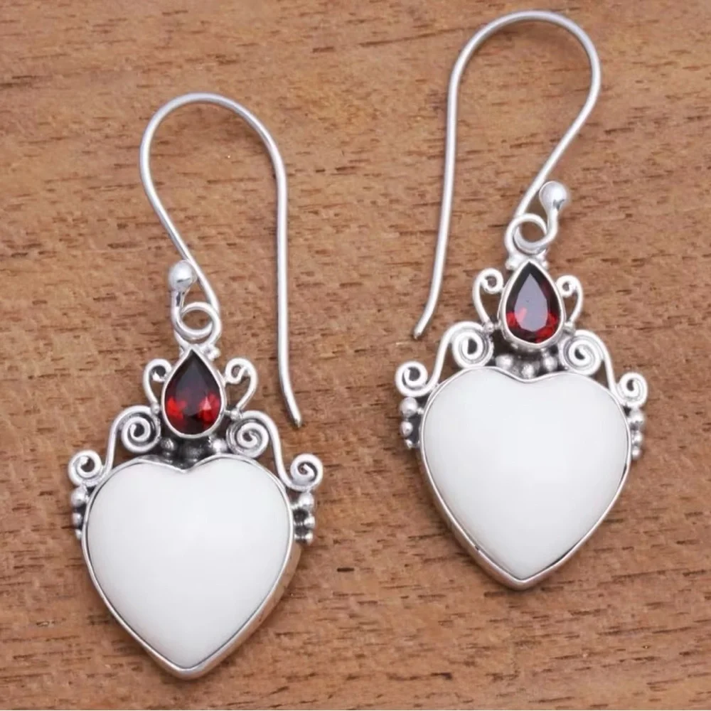 Elegant Silver and White Heart Earrings with Red Gemstones